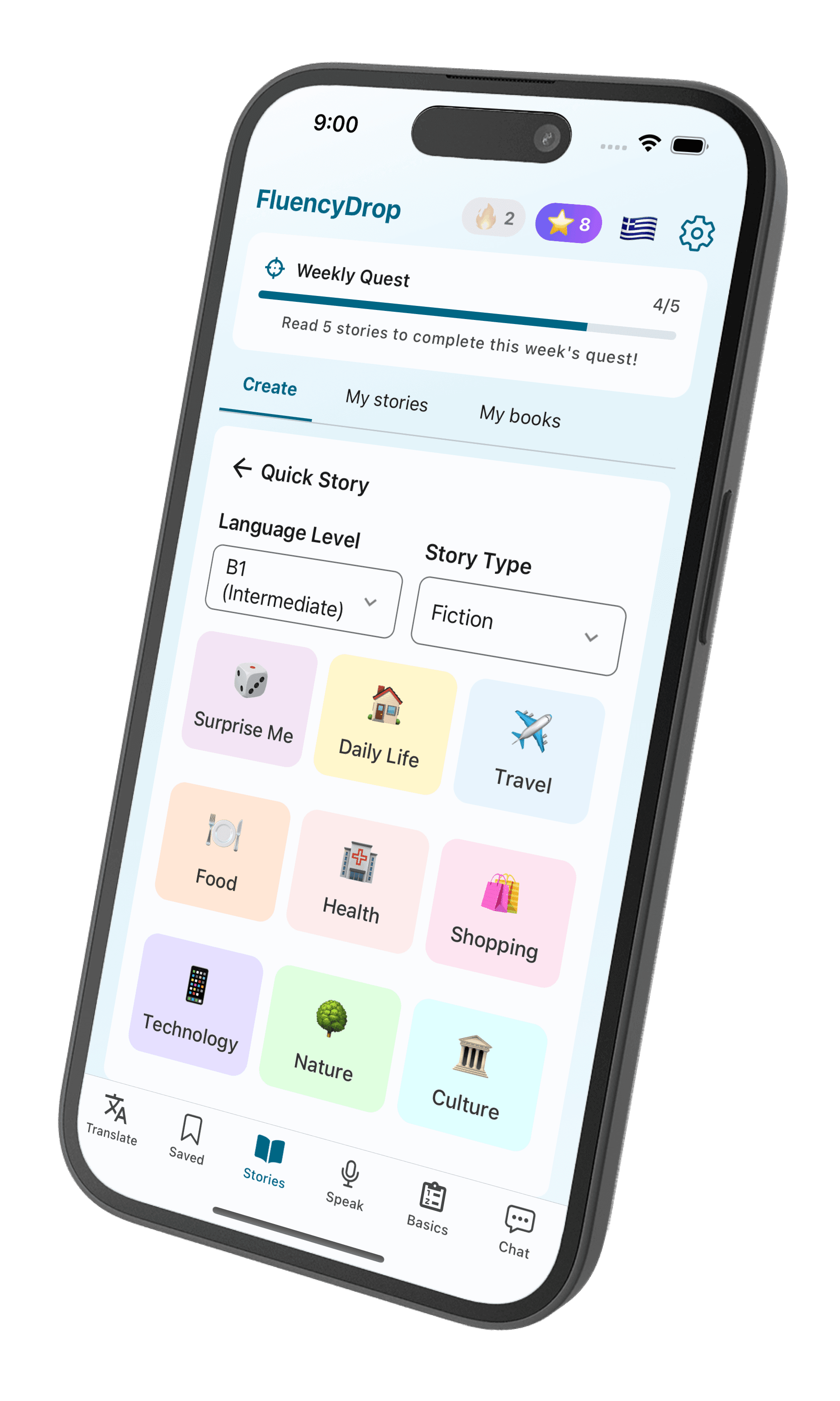 FluencyDrop Mobile App - Stories tailored to your level